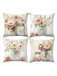 4 件套复古粉色花卉花瓶装饰垫套，柔软桃色天鹅绒面料，单面印花，45*45 厘米枕套，适用于客厅、卧室、沙发、礼物