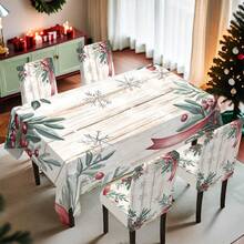 1/4/5/6/7/36 piezas Hojas verdes, bayas rojas, copos de nieve y cinta roja de Navidad, conjunto de fundas de silla/asiento con estampado de textura de madera falsa, adecuado para uso en interiores, hogar, restaurante, hotel, ideal para decoración diaria moderna. El mantel se ajusta a la mesa de comedor cuadrada, las fundas de silla elásticas son lavables. - Multicolor - Ver 18