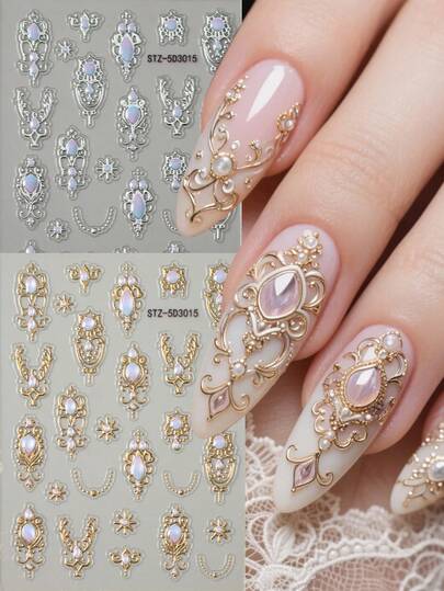 2pcs Bohemian Totem Foil Gemstones Nail Stickers - 5D Embossed Cartoon Design With Pink & Clear Gemstones Elegant Nail Design Y2K Style For Wedding Decor, Women And S' Festival Gift Nails Nail Supplies