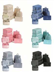 8件套收纳袋套装 - 轻便旅行行李整理袋，带鞋袋，适用于背包/行李箱衣物收纳，大学宿舍及度假必备 - 彩色 - 查看 1