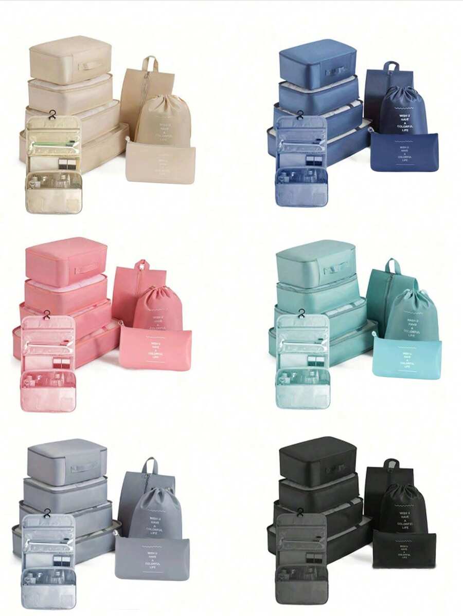 8件套收纳袋套装 - 轻便旅行行李整理袋，带鞋袋，适用于背包/行李箱衣物收纳，大学宿舍及度假必备 - 彩色 - 查看 1