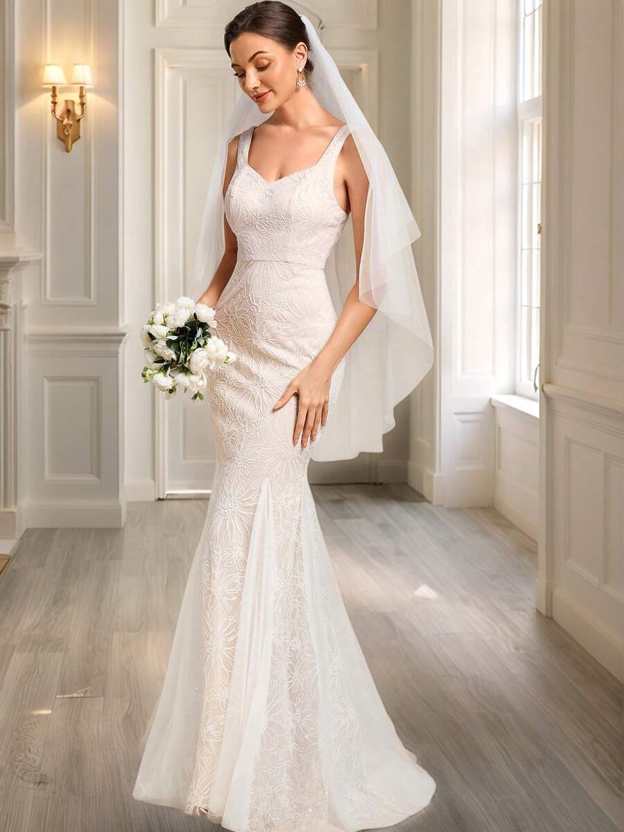 Vestido de novia de sirena de encaje con bordado vintage romántico sin mangas para bodas de jardín y césped en otoño