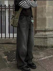 男士口袋简约复古宽松牛仔裤 - 深灰色 - 查看 5