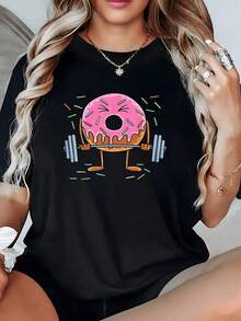 Camiseta Divertida Original Gráfica 1 unidad de Camisa de T 100% algodón para Mujer Diseño Gráfico de Dona Entrenando con Pesas para Amantes del Gimnasio Camisa de T con Estampado Digital 220 Gramos Moderna - Negro - Ver 1
