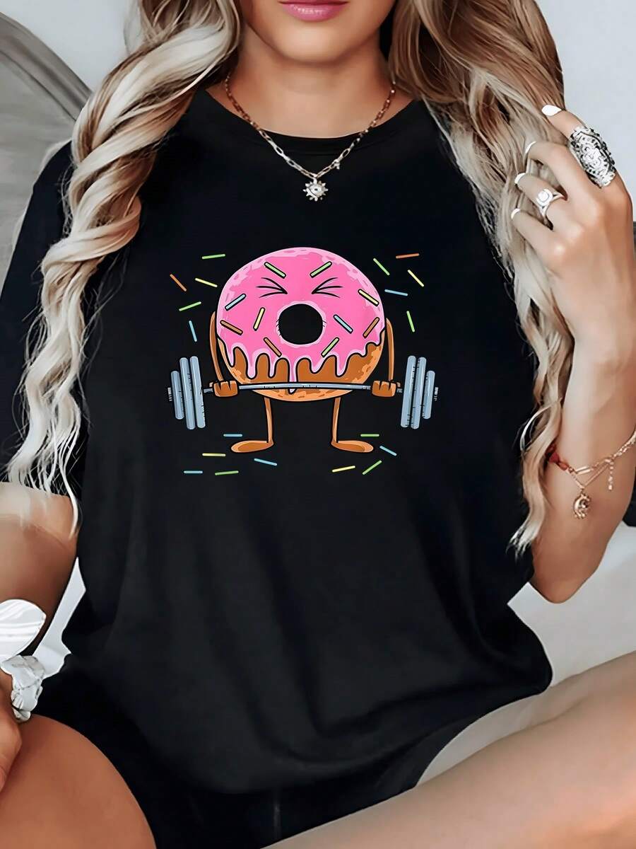 Camiseta Divertida Original Gráfica 1 unidad de Camisa de T 100% algodón para Mujer Diseño Gráfico de Dona Entrenando con Pesas para Amantes del Gimnasio Camisa de T con Estampado Digital 220 Gramos Moderna - Negro - Ver 1