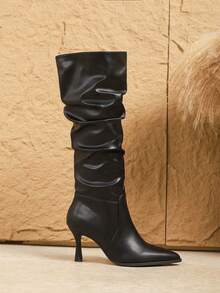 女士秋冬新款百搭过膝长靴，棕色绒面革修身弹力尖头高跟靴，性感猫跟靴，派对靴 - 黑色 - 查看 6