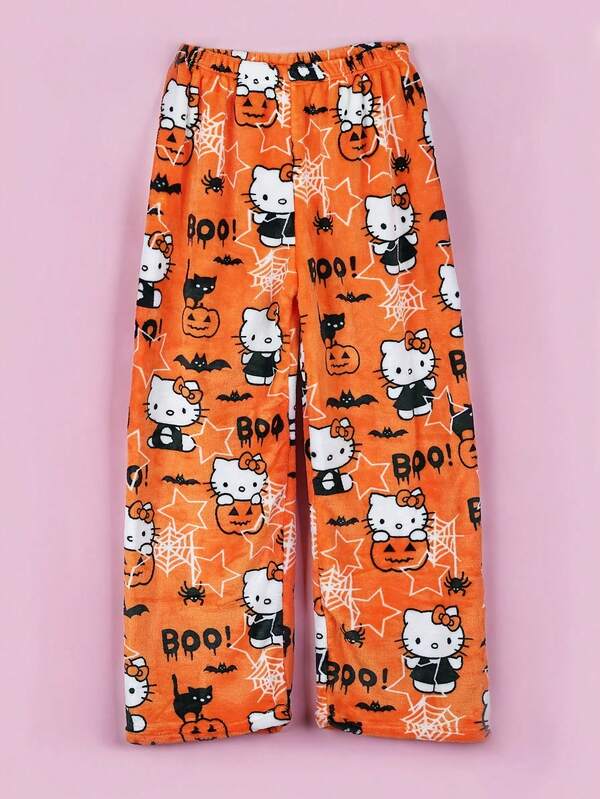 Sanrio 1pc Sanrio Hello Kitty Flannel Fluffy Pajama Pants - Cozy Fleece Lining, Warm Halloween Print, Black & Orange Cartoon Design, Suitable For Men & Women, Autumn/Winter Sleepwear, Great As Study Reward, Holiday Or Birthday Gift