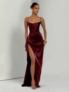 Elegancka, seksowna satynowa sukienka imprezowa z falbanką w talii, sukienka dla druhny, suknia wieczorowa