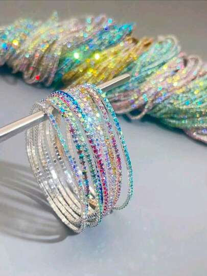 1 Set Of Multi-Strand AB Color Sparkling Rhinestone Elastic Bracelet, Versatile Jewelry Accessory For Daily Wear And Parties