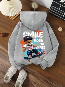 1pc Boys Hooded Jacket, Bear Skateboard Print, Fashionable Cartoon Playful Style, Autumn/Winter Big Kids Boys Top - Grey - View 3