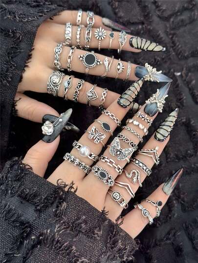 3/16/22/38pcs Vintage Snake Themed Mixed Ring Set
