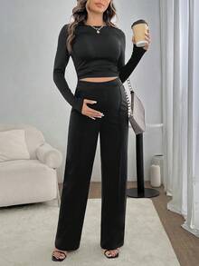 Pantaloni de maternitate cu croi drept, solizi - Negru - Vizualizare 2