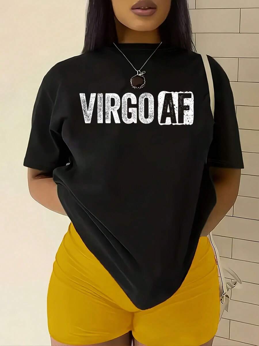 Women's Graphic T-Shirt-Virgo AF Bold Text Design,Casual Round Neck Tee,Ideal For Parties And Gifts,Suitable For All Seasons,Women's Tops - 黑色 - 查看 1