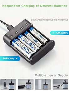 4槽USB AA/AAA电池充电器，高电流快速充电，绿色LED充满电指示灯，过充保护，≤36V工作电压，USB供电（不含电池）（包含31个国家/地区的用户指南）