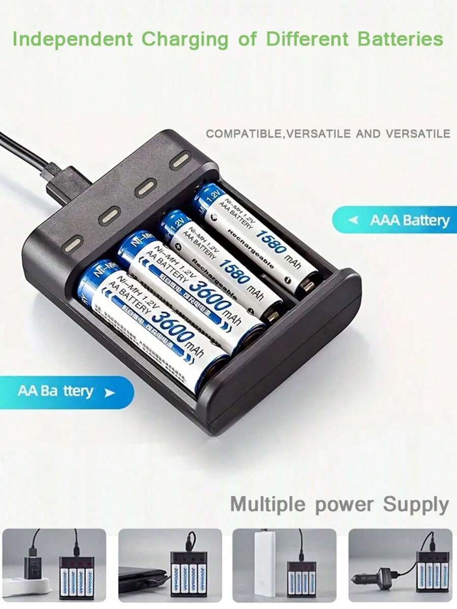 4槽USB AA/AAA电池充电器，高电流快速充电，绿色LED充满电指示灯，过充保护，≤36V工作电压，USB供电（不含电池）（包含31个国家/地区的用户指南）