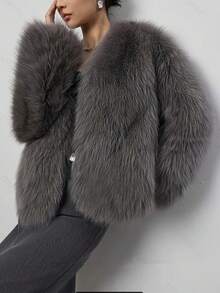 女式优雅人造毛皮衬里长袖夹克外套，纯色柔软羊毛人造毛皮拼接，学院风，秋冬 - 灰 - 查看 4