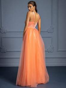 VIPGIRL A-Line Backless Velvet Mesh Formal Dress - Women's Long Formal Evening Gown - Orange - View 2