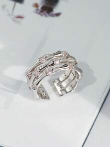 Charm-In 1pc Silver-Tone 3-Layer Bamboo Design Ring With Pink Zirconia Stone - Silver/Pink Stone - View 3