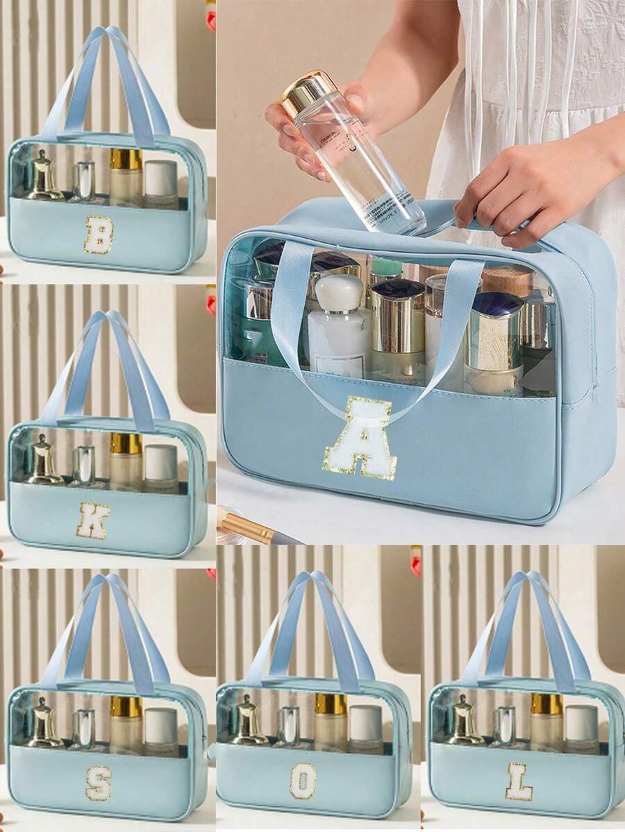 1 pieza Bolsa de aseo transparente con letra, nueva bolsa de maquillaje cuadrada de unicolor a la moda con letras bordadas, organizador de maquillaje de chenilla impermeable de PVC con parche de letra inicial minimalista, bolsa de aseo de viaje para mujeres para el baño, decoración del hogar, vacaciones, accesorios de baño, regreso a la escuela