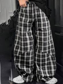 Men's Black & White Plaid Wide Leg Loose Casual Pants - Black and White - View 2