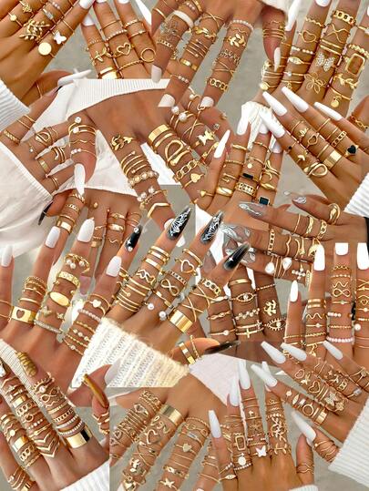 50/46/45/30 Peças Conjunto de Anéis Elegantes, Vintage, com Flores, Geométricos, Fitas, Estrelas, Pérolas, Strass, Brilhantes, Borboletas, Folhas, Cobras, Olhos Gotejantes, Cruzes, Borlas, Ondas, Torções, Infinito, Redondos, Quadrados, Minimalistas, Lisos, de Metal, Design Sofisticado, Adequado para Feriados, Festas, Encontros, Presentes, Uso Diário