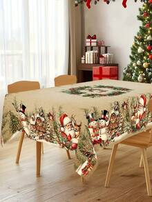 1pc Christmas Tablecloth, Vintage Santa Claus Snowman Winter Village, Polyester Tablecloth, Round/Rectangular, Christmas Party Home Kitchen Dining Table Decor, Christmas Gift - Multicolor - View 10