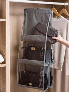1 pièce Boîte de rangement à 6 compartiments multicouche pour sac à main, organisateur suspendu pliable en tissu Oxford avec 6 poches - organisateur de placard pour sac à main, portefeuille et accessoires, design durable noir-gris, parfait pour Noël, Halloween, Thanksgiving, porte-portefeuille, support d'accessoires, apparence élégante, structure robuste, décoration de chambre, rentrée scolaire - Noir - Voir 13