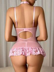 Women's Sheer Mesh Lace Bodysuit Spaghetti Strap Bustier Corset Tops Rave Party Club - Pink - View 5