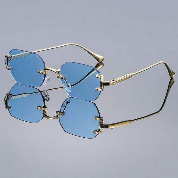 1 Paar Herren Metall quadratische schmale randlose dekorative Brillen - Merkmale & Szenarien: Als modische Brillen können die blauen Gläser starkes Licht effektiv filtern; Das markante Design eignet sich für Straßenmode, Musikfestivals, Kunstausstellungen und andere personalisierte Szenarien und kann das "i-Tüpfelchen" des Outfits sein, um die einzigartige Ästhetik des Trägers zur Geltung zu bringen.