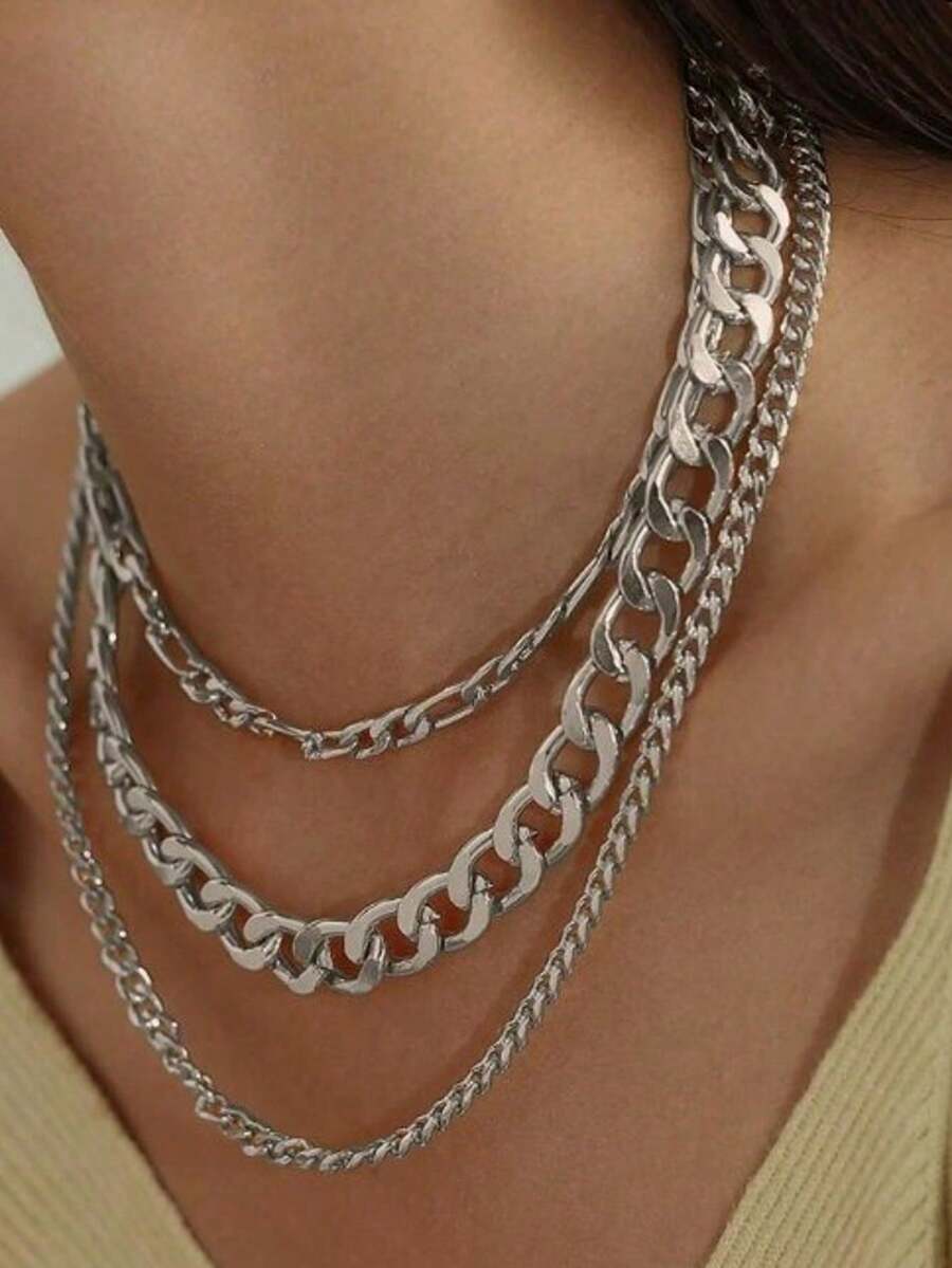 3 piezas Collar de geometría plateada de estilo vintage punk minimalista casual, adecuado tanto para hombres como para mujeres, para uso diario, vacaciones, festivales de música, aniversario, regalo de pareja