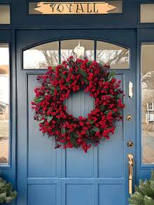 1 Stück Künstlicher Weihnachtskranz mit roten Beeren für Haustür, Winterkranz mit roten Beeren für Innen- und Außenbereich, Weihnachts- und Winterdekoration, Fröhliche Weihnachten