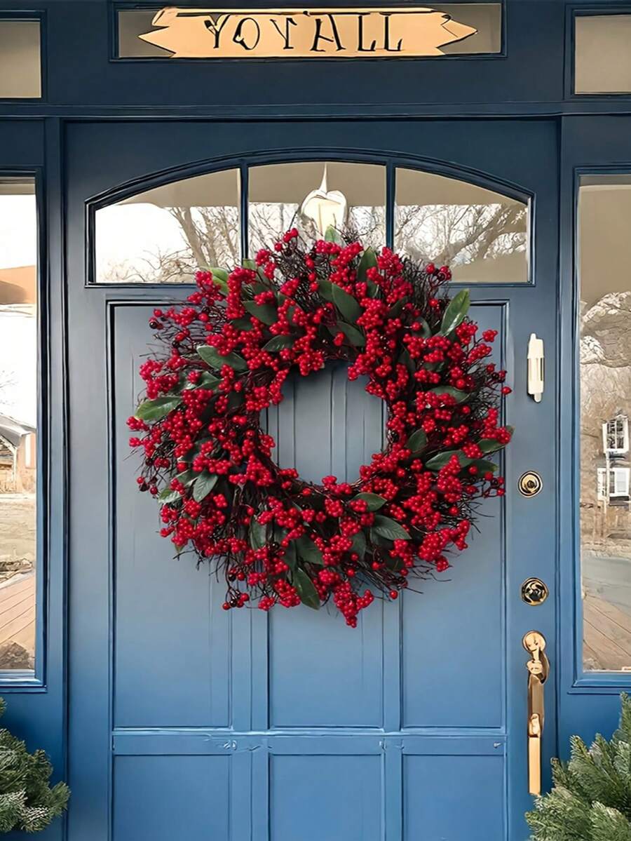 1 Stück Künstlicher Weihnachtskranz mit roten Beeren für Haustür, Winterkranz mit roten Beeren für Innen- und Außenbereich, Weihnachts- und Winterdekoration, Fröhliche Weihnachten