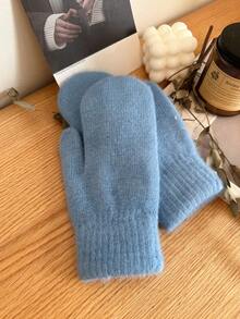 1 Pair Women's Solid Color Rabbit Thermal Lined Double-Layer Thick Knitted Fingerless Gloves, Suitable For Parties, Driving, Cycling, Hiking, Running, Keeping Warm In Cold Weather