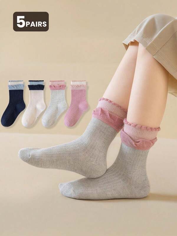 5 Pairs Kids Cute Casual Colorblock Ruffle Trim Mid-Calf Socks