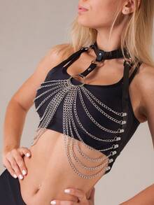 1 pièce Harnais chaîne de corps Lingerie sexy Femmes Soutien-gorge chaîne sexy en PU Haut harnais cage pour femmes Cosplay - Noir - Voir 2