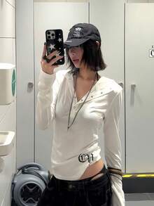 女款美国朋克风格字母印花长袖连帽T恤 - 白色 - 查看 4