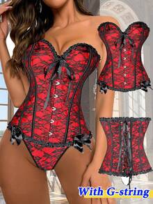 Victorian Corset Top Womens Bustier Gothic Lingerie For Halloween Costume Brocade Corsets Floral With Lace Trim Corset Overbust Waist Cincher With Boning Snatched Waist Tummy Control - Ren-Đỏ & Đen - Xem 2