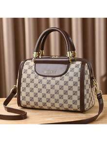 高端波士顿手提包，大容量，时尚女士包，多功能，别致，奢华斜挎包，时尚简约的设计 - 卡其色 - 查看 9