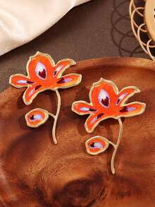 1 对超大橙色渐变花朵耳坠，时尚秋冬女士独特珠宝，简约花卉配饰 - 彩色 - 查看 2