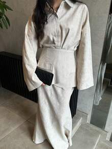 3pcs Women's Unique Collar Single-Breasted Solid Color Shirt Top, Casual Solid Color Button Skirt Set