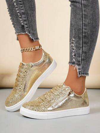 Women's Casual Sneakers, Comfortable Sports Shoes For All Seasons. Classic Lace-Up Skateboard Shoes With Hollow Side Zipper, Round Toe House Slippers