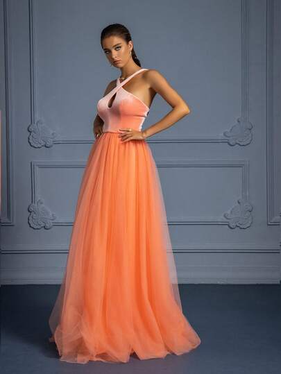 VIPGIRL A-Line Halter Velvet Tulle Gown - Long Formal Evening Dress For Women