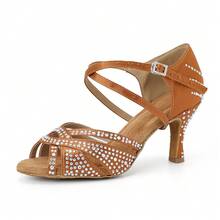 Women's Bronze Satin Latin Dance Shoes, Ballroom Dance, Tango And Salsa Shoes, Indoor Party Sandals, Soft-Soled Rhinestone Wedding Shoes, 7.5cm Heels - Bronze - View 12