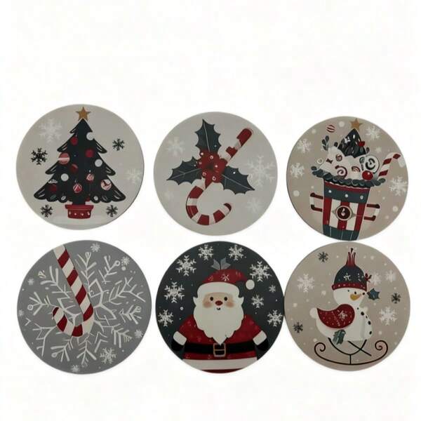 6pcs Christmas Themed Wooden Coasters, Suitable For Beverages, Tea And Coffee, With Simple Santa Claus Pattern, Great For Home And Restaurant Decor, Essential Holiday Gift Home Decor Christmas Decorations Room Decor