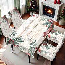 1/4/5/6/7/36 piezas Hojas verdes, bayas rojas, copos de nieve y cinta roja de Navidad, conjunto de fundas de silla/asiento con estampado de textura de madera falsa, adecuado para uso en interiores, hogar, restaurante, hotel, ideal para decoración diaria moderna. El mantel se ajusta a la mesa de comedor cuadrada, las fundas de silla elásticas son lavables. - Multicolor - Ver 16