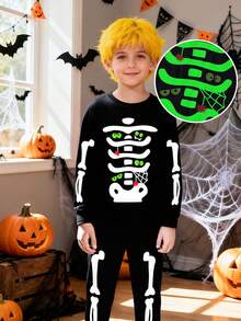 Halloween Kids Long Sleeve & Pants Set, Cartoon Glow-In-The-Dark Pumpkin & Skull Print Pattern, Autumn/Winter Party - Black - View 3