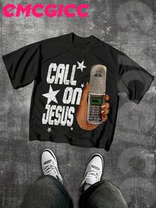 EMCGICC Jesus Shirt,CALL ON JESUS,Y2k,Graphic Shirt Men's Summer Short Sleeved Pure Cotton Comfortable And Breathable Casual Outdoor Street Round Neck T-Shirt, A High-Quality Fashion Brand, A Surprise Gift For Family And Friends.Graphic Tees Men,God Shirts - 黑色 - 查看 2