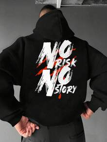 男士休闲时尚百搭秋冬连帽衫，字母印花，袋鼠口袋，抽绳 - 黑色 - 查看 1