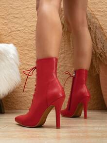 1 Pair Women's Elegant Lace-Up Ankle Boots, And Mid-Calf Boots, Pointed Toe High Heels, Zipper Side Mid-Calf Boots, Lace-Up Boots In Solid Red, Suitable For Weddings, Parties, Outdoor, Valentine's Day In Autumn/Winter, Party Outfits - Bright Red - View 5