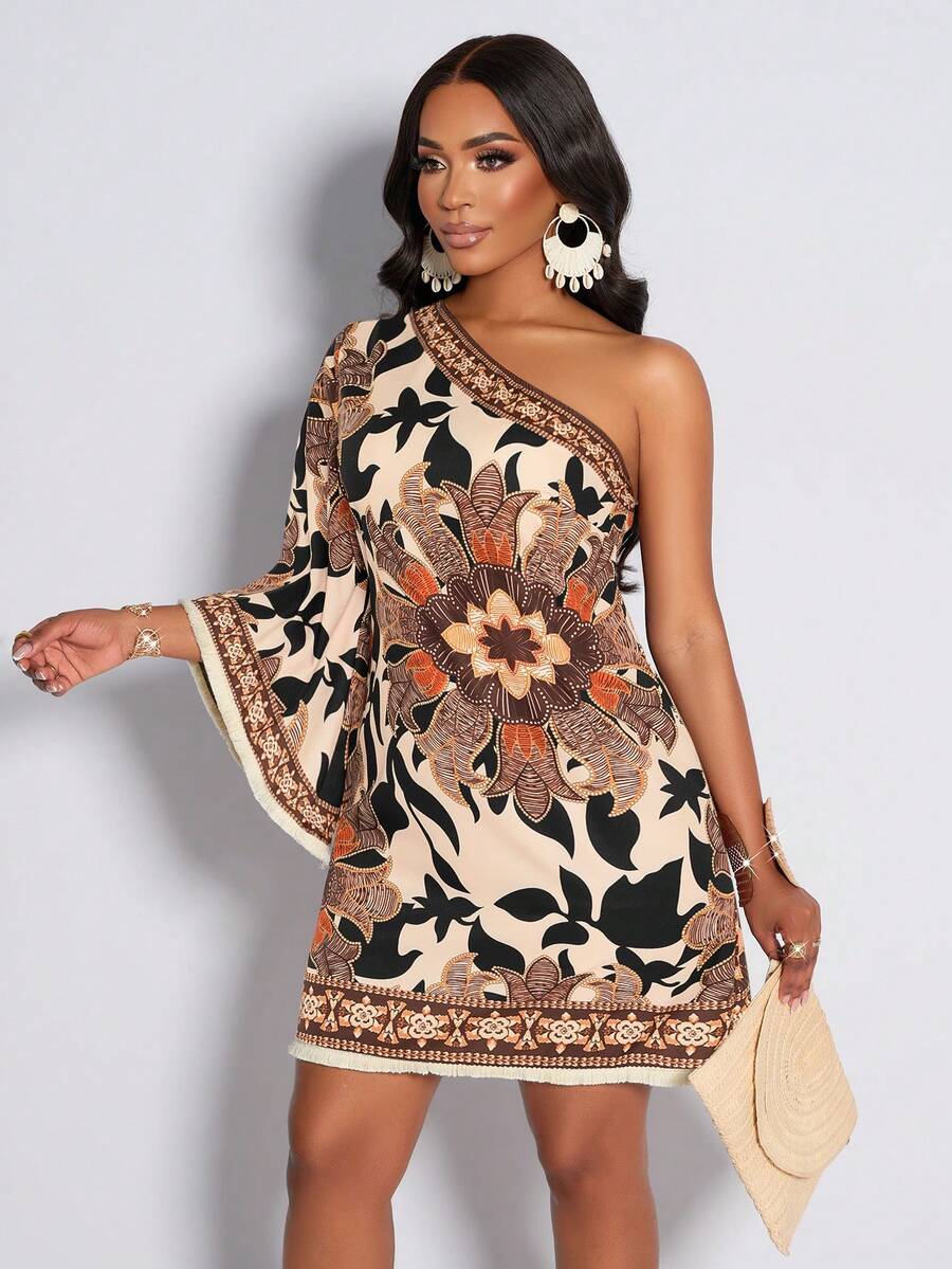 AIJ Amarilo Women's Tropical Rainforest Print Tassel Hem Casual Dress, Suitable For Daily Commute And Vacation Wear, New Spring/Summer Floral Print Dress - Apricot Brown Flowers - View 1